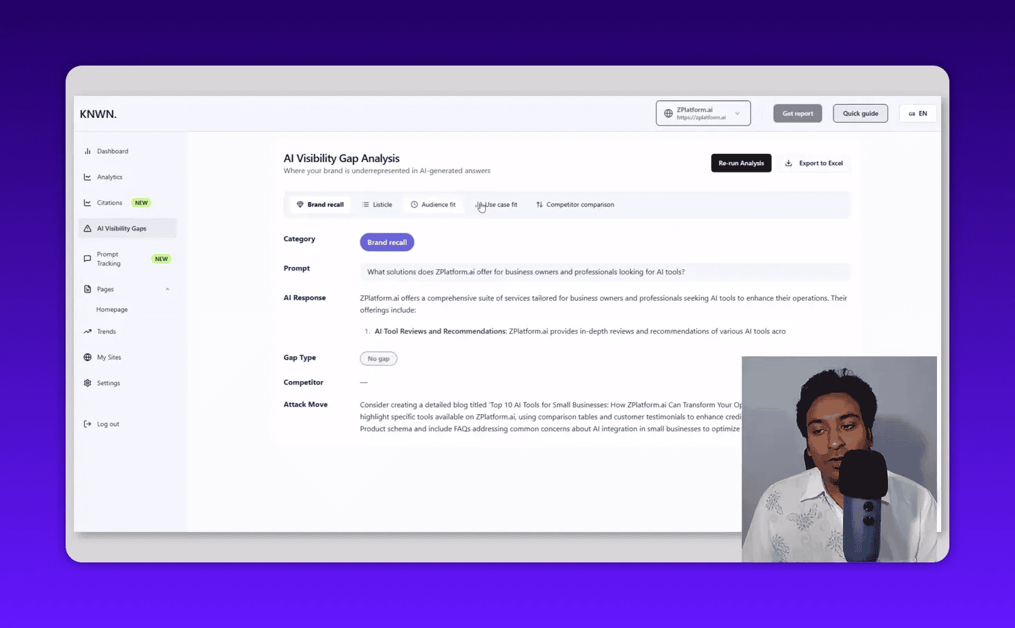 Knwn AI Visibility Gap Analysis page displaying Brand recall prompt, AI response and sidebar; presenter webcam overlay
