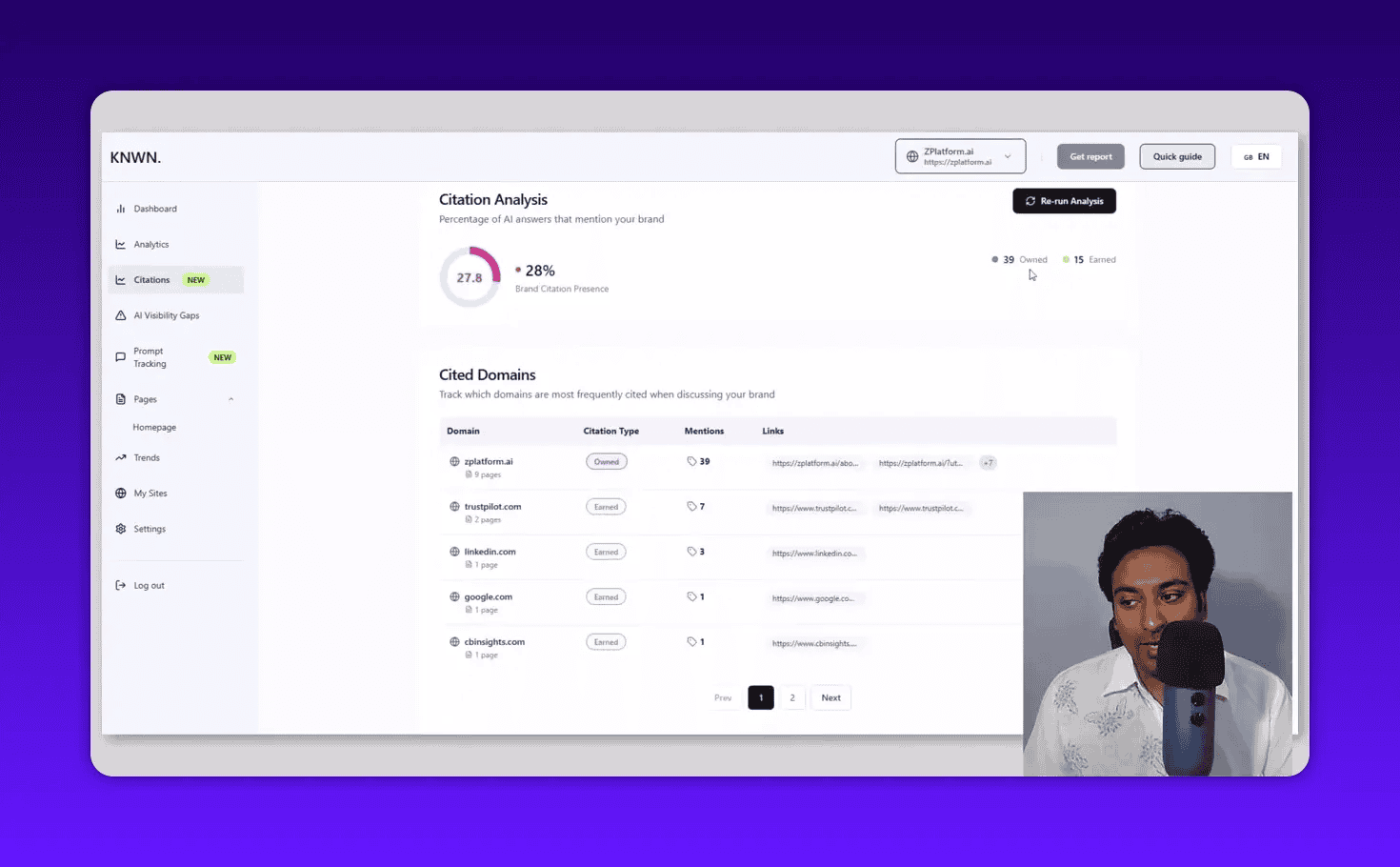Knwn citation analysis screen with a 28% brand citation presence indicator and a clear table of cited domains and mention counts