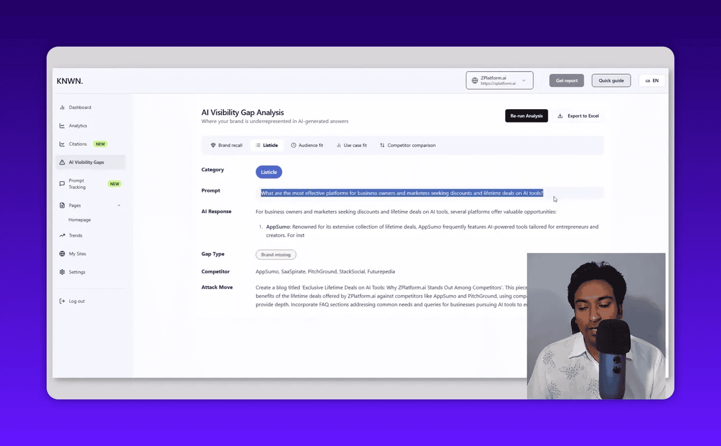 Knwn AI Visibility Gap Analysis showing the listicle prompt text selected/highlighted and the AI response, presenter overlay