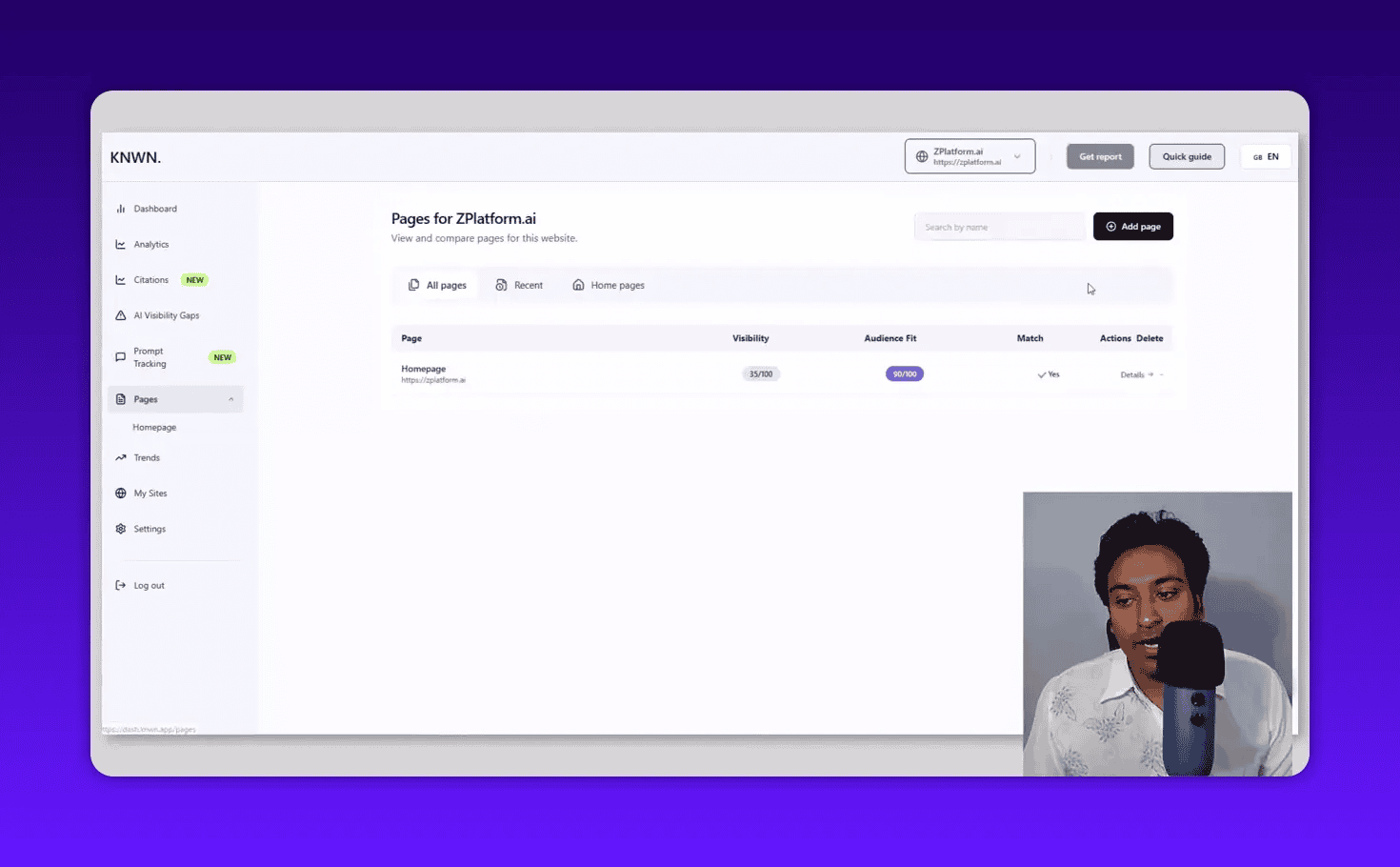 Knwn 'Pages' screen listing a homepage with Visibility (35/100) and Audience Fit (90/100), sidebar navigation and small presenter inset