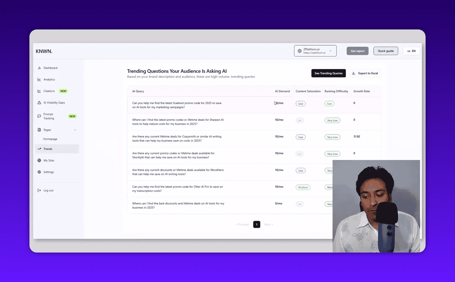 Clear Knwn Trends panel showing 'Trending Questions Your Audience Is Asking AI' with demand, saturation and growth columns and presenter inset