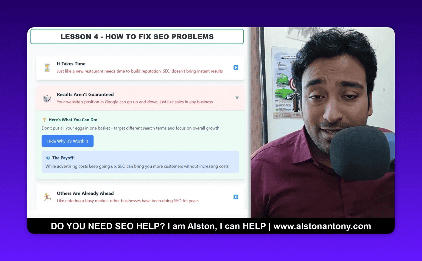 Presentation slide 'How to Fix SEO Problems' with 'Results Aren't Guaranteed' and presenter at a microphone, clear view of slide content
