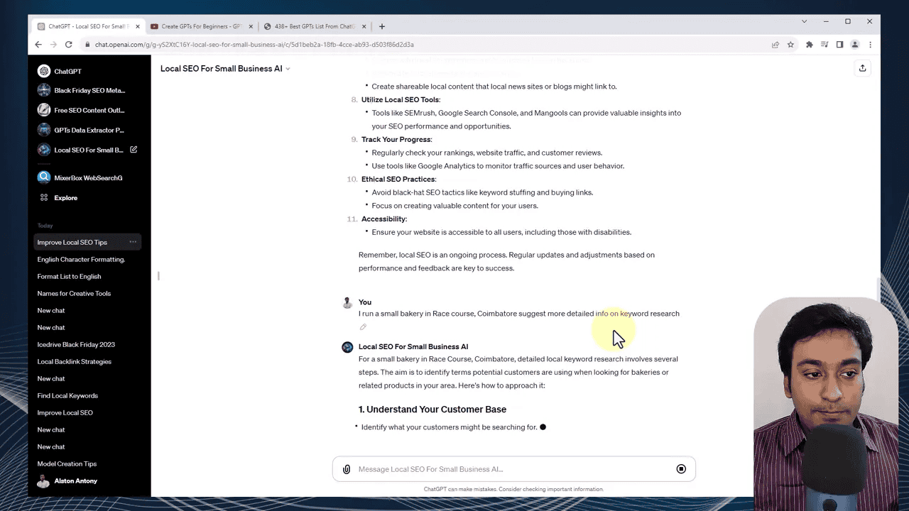 Screenshot of ChatGPT window showing a user asking for keyword research for a bakery in Racecourse, Coimbatore and the GPT response, with the presenter visible in a small inset.