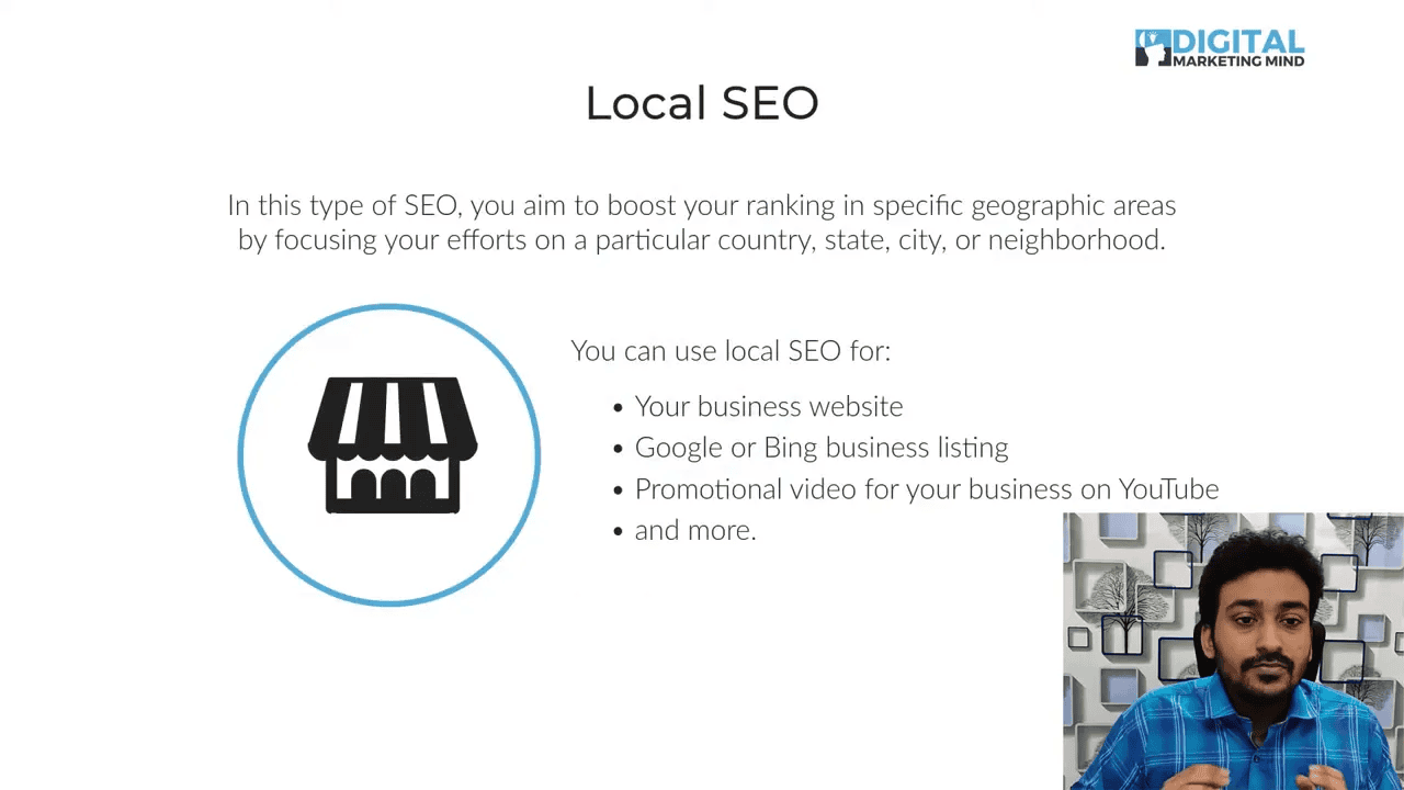 Presentation slide titled 'Local SEO' with a storefront icon and bulleted list of local SEO uses.