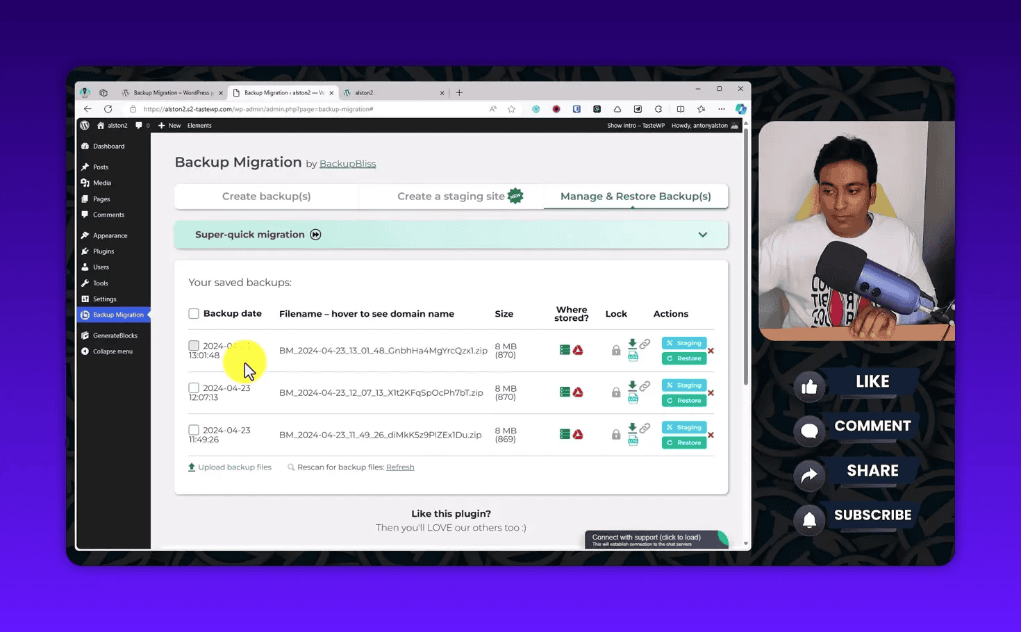Backup Migration Manage & Restore screen showing backup dates, filenames, sizes and Restore/Staging action buttons