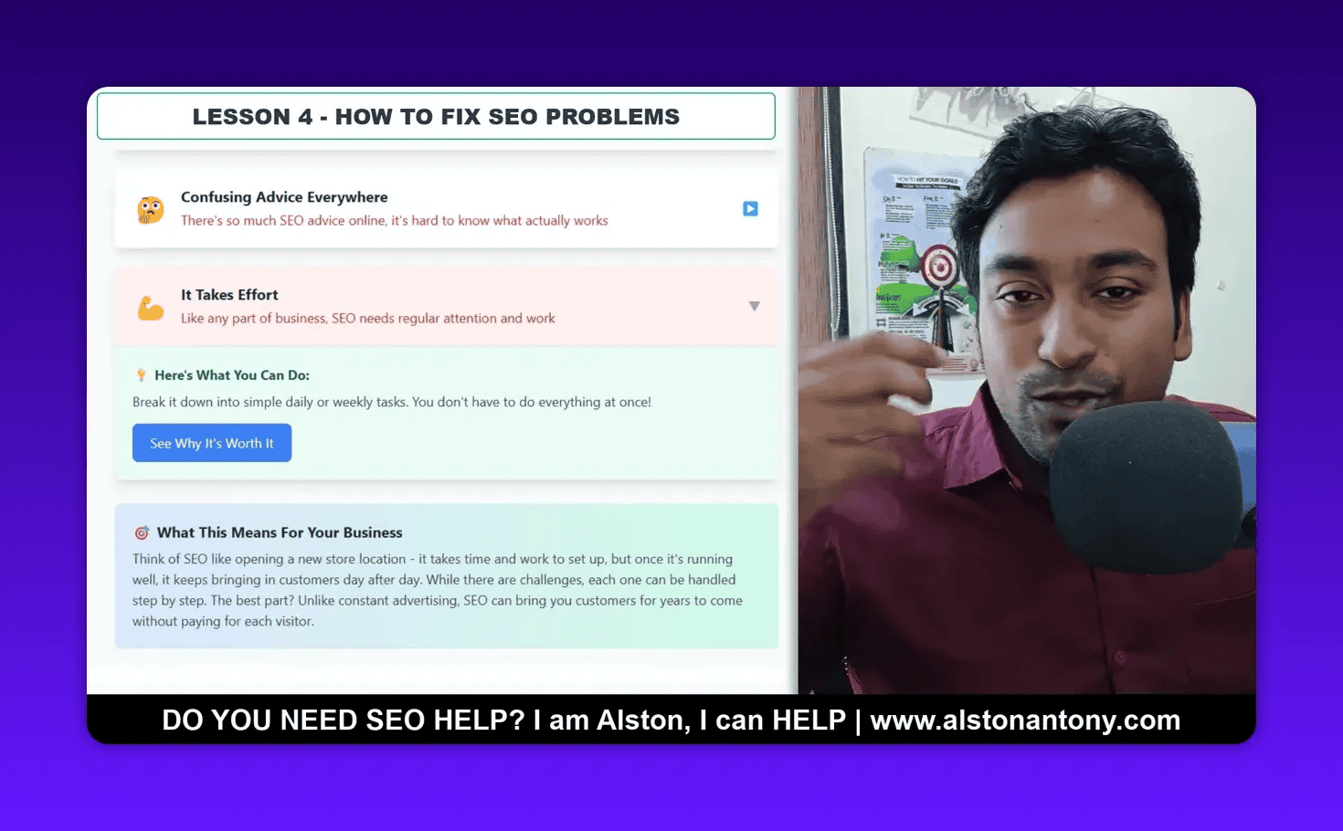 Screenshot of lesson slide 'Lesson 4 - How to Fix SEO Problems' with the instructor gesturing near a microphone; slide text outlines that SEO takes effort and provides actionable advice.