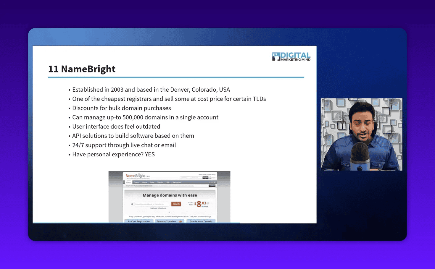 Presentation slide '11 NameBright' showing readable bullets about pricing, bulk domain management and API support with a presenter video inset to the right