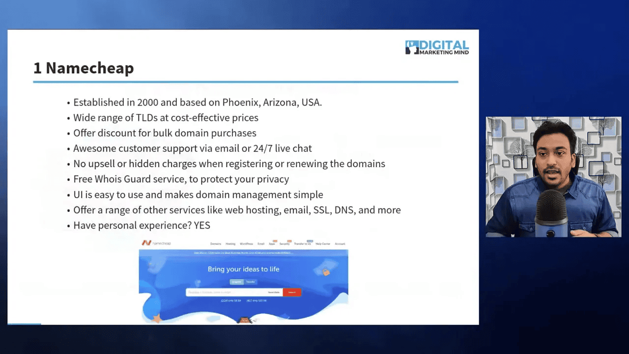 Presentation slide titled '1 Namecheap' with bullet points about Namecheap features and a small presenter video box on the right.