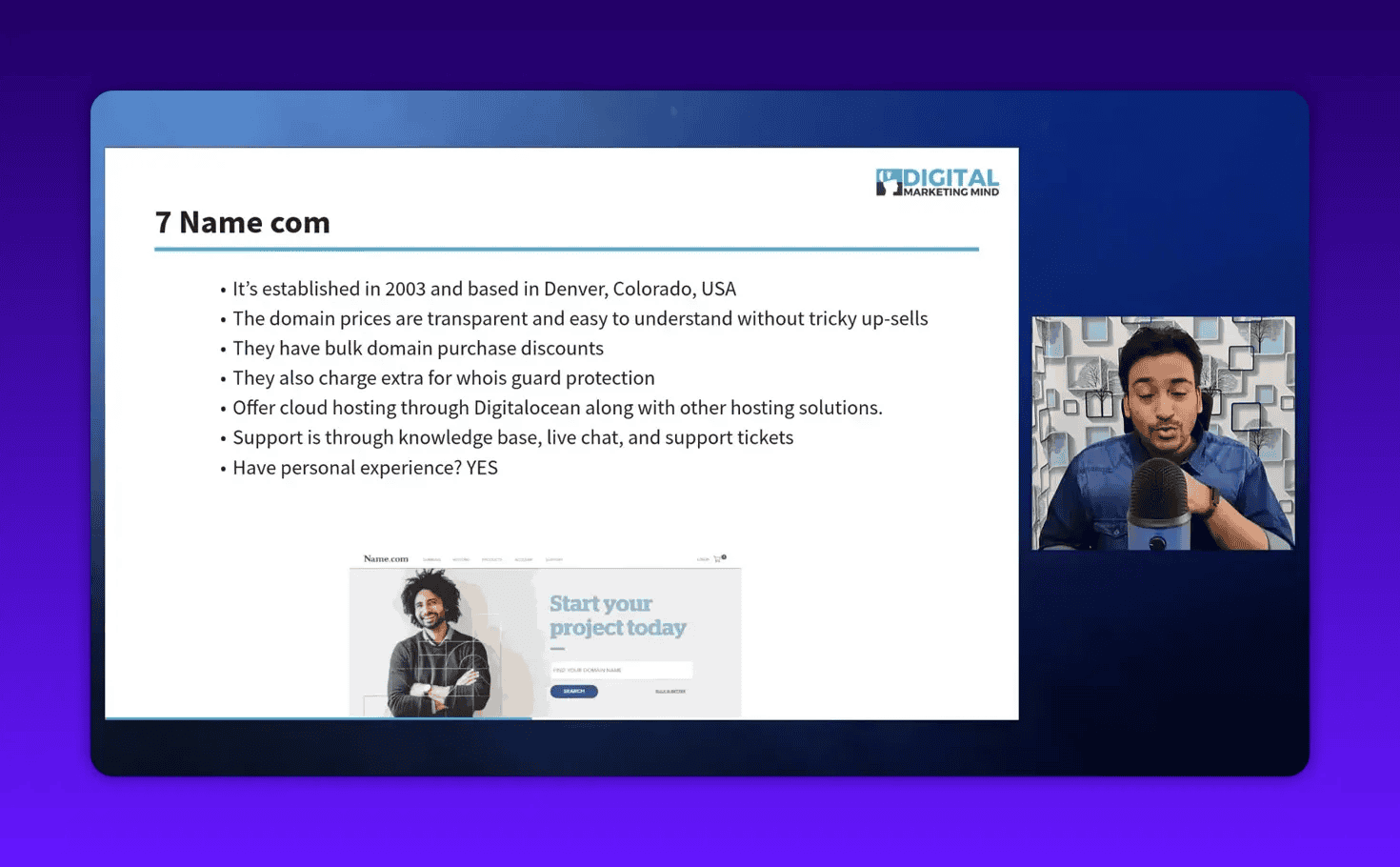 Clear presentation slide '7 Name com' with bulleted notes about Name.com; presenter visible in a smaller inset on the right and a site screenshot at the bottom.