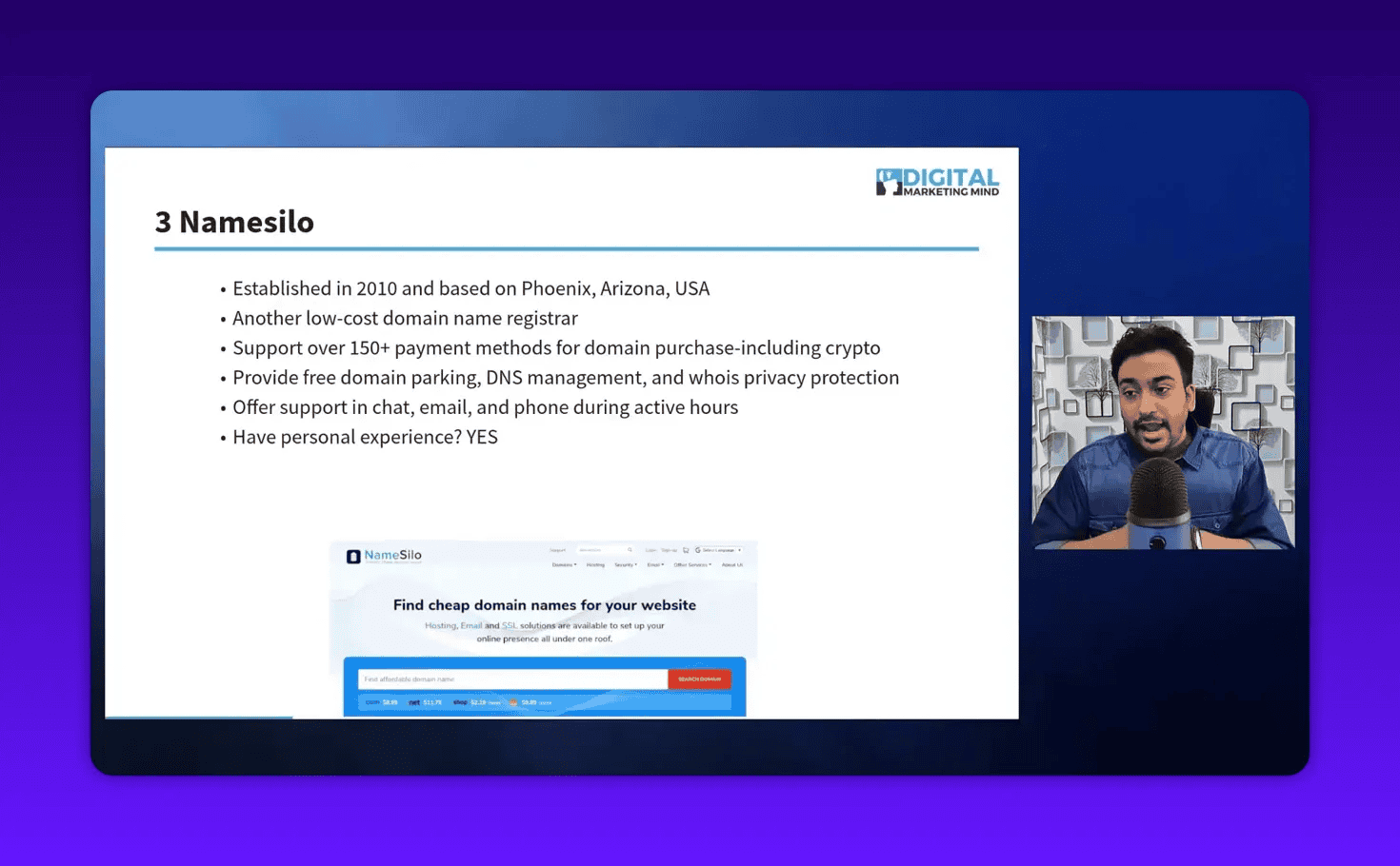 Clear slide labeled '3 Namesilo' listing features like crypto payments, free privacy and DNS; presenter inset at right