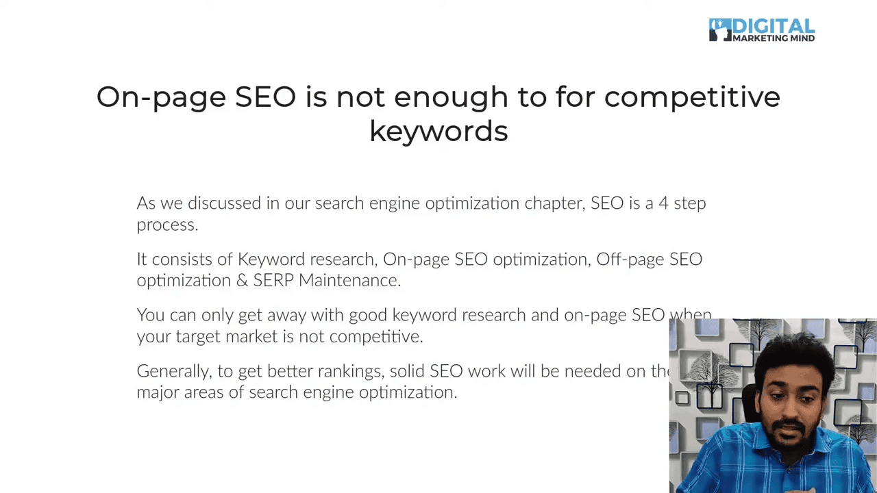 Presentation slide titled 'On‑page SEO is not enough to for competitive keywords' with speaker inset in bottom right.