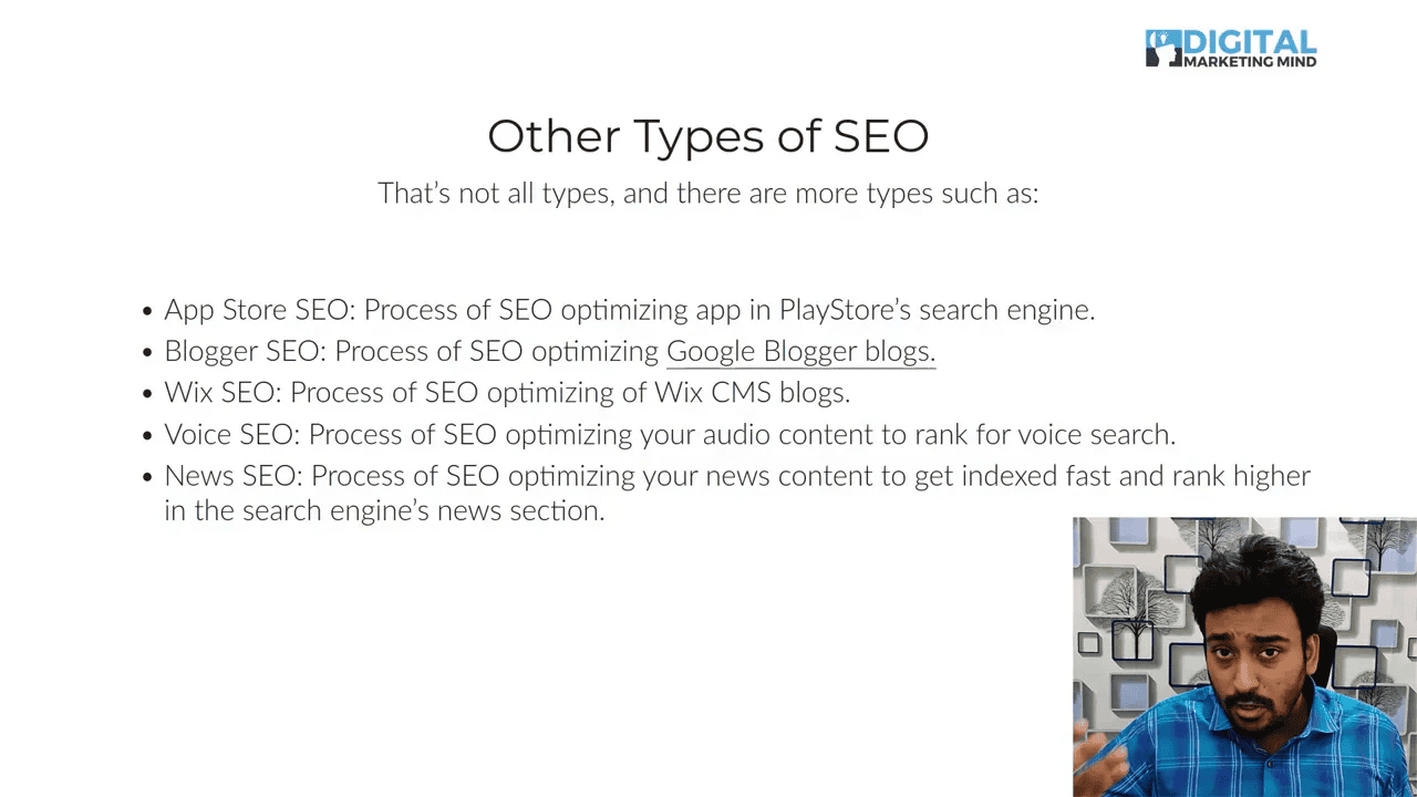 Slide titled 'Other Types of SEO' listing App Store SEO, Blogger SEO, Wix SEO, Voice SEO and News SEO with a small presenter inset in the bottom-right.