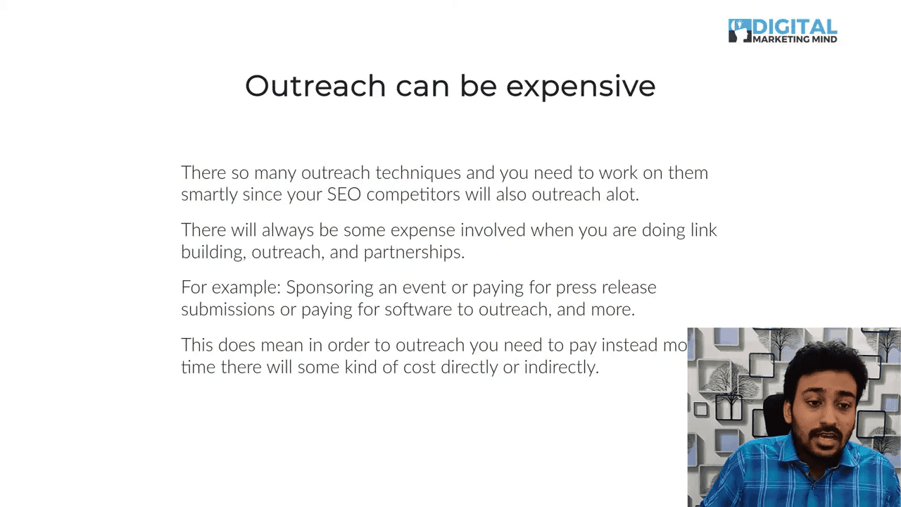 Slide titled 'Outreach can be expensive' with bullet text about outreach costs and a small presenter inset in the lower-right.