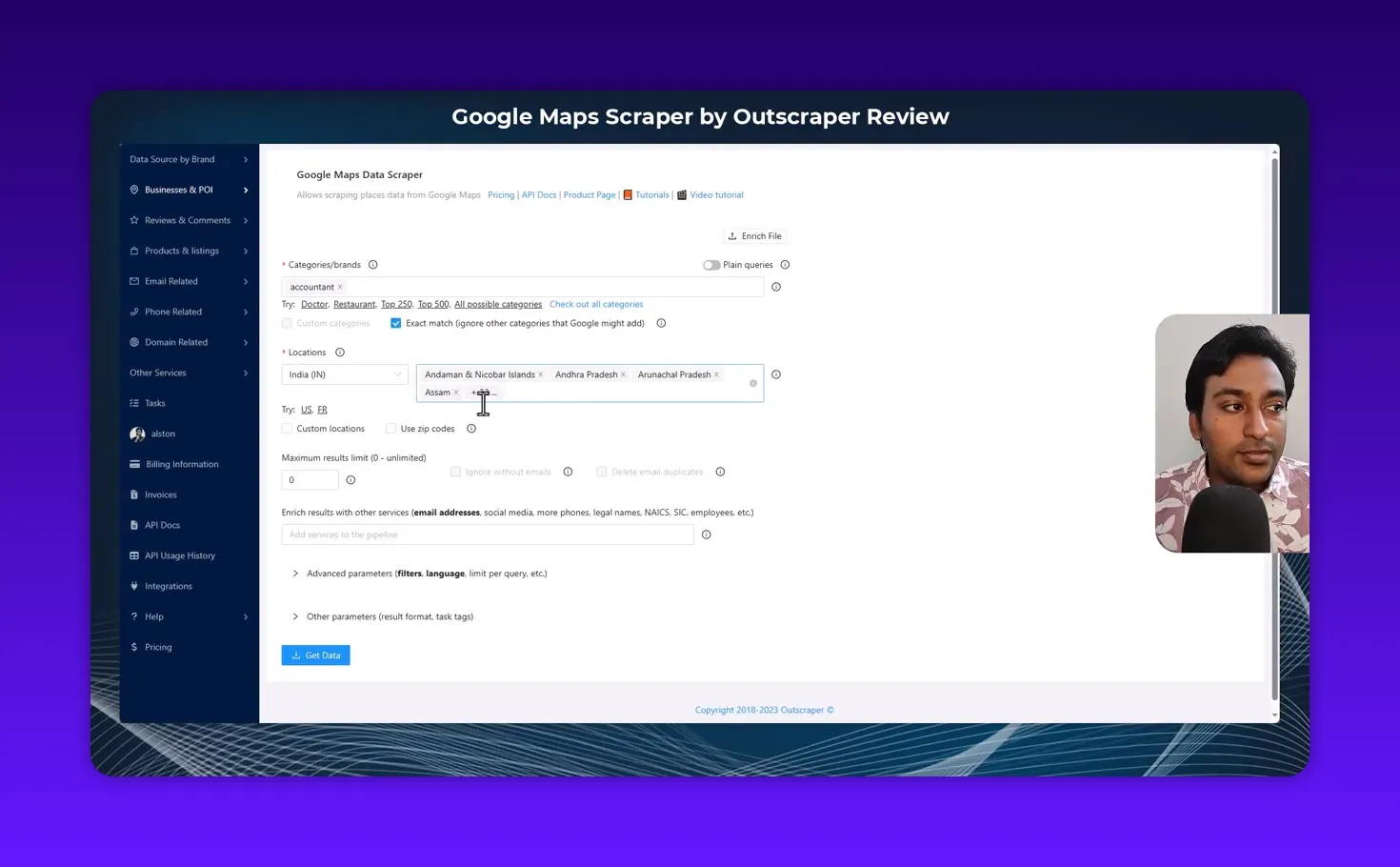 Outscraper Google Maps scraper UI with India selected and several states shown in the location field