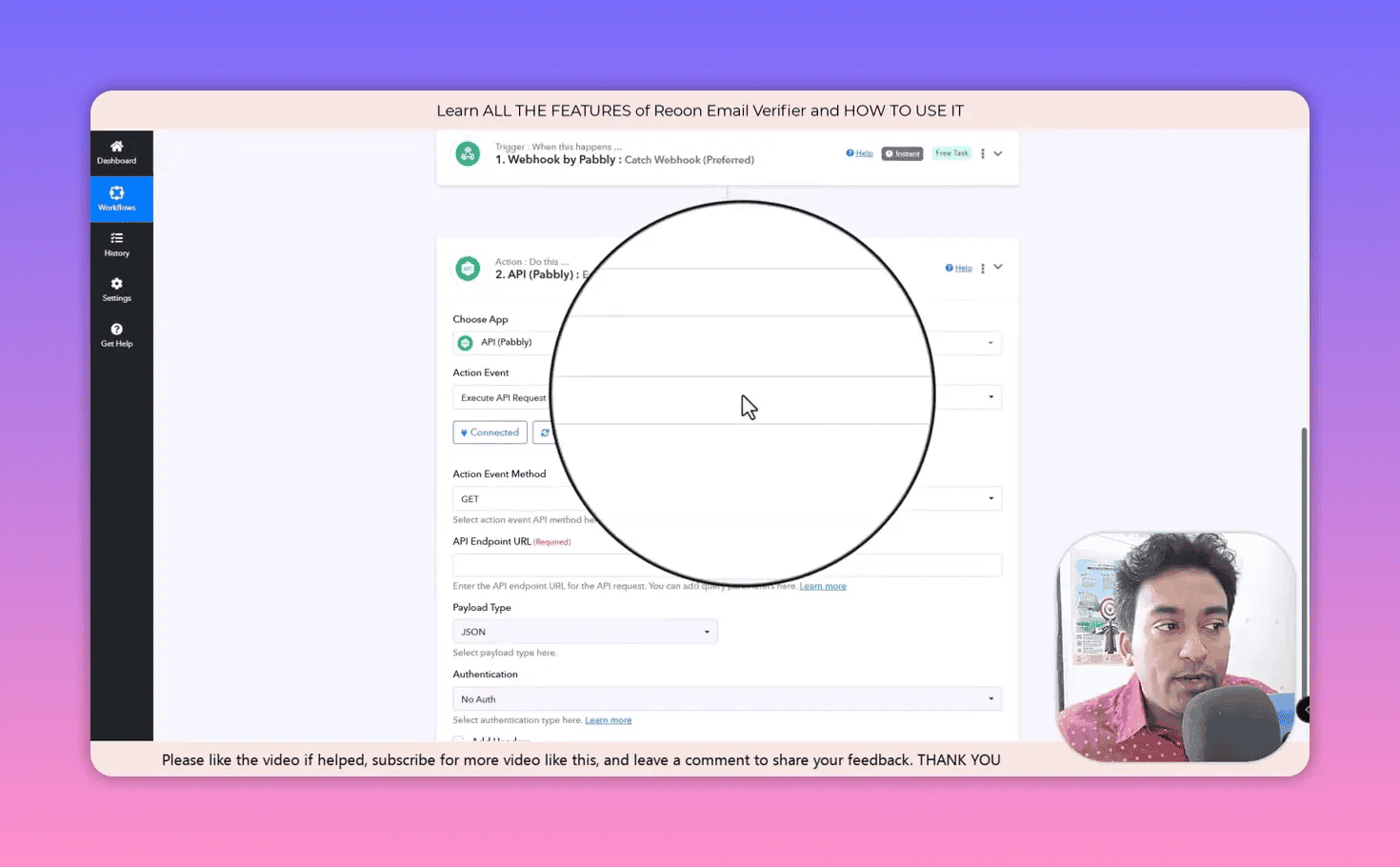 Pabbly Execute API Request action showing GET method and API endpoint input