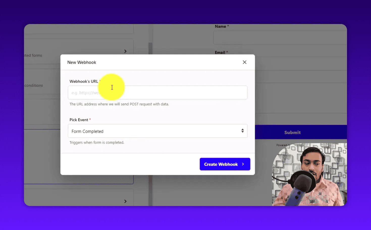 New Webhook dialog showing 'Webhook's URL' input and 'Pick Event' set to 'Form Completed' in NativeForms.