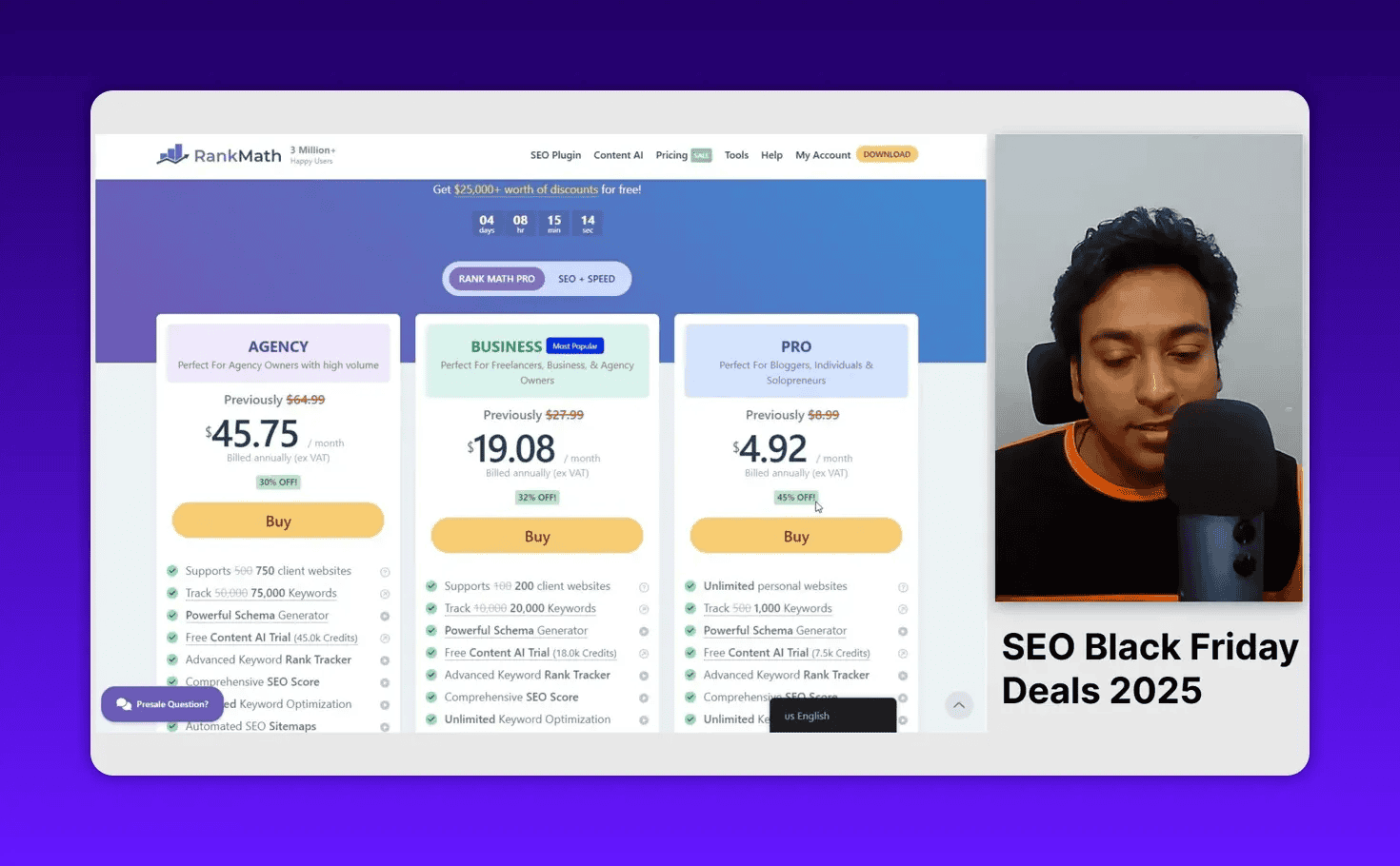 Close screenshot of Rank Math pricing plans page with readable price cards and presenter framed on the right