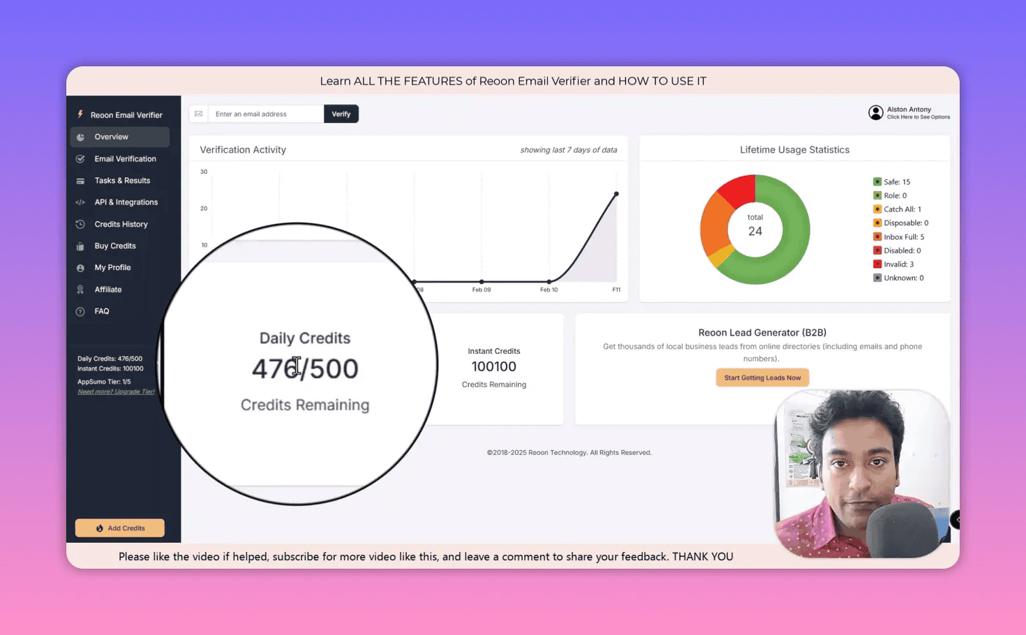Overview screen showing magnified Daily Credits 476 of 500 and usage visuals