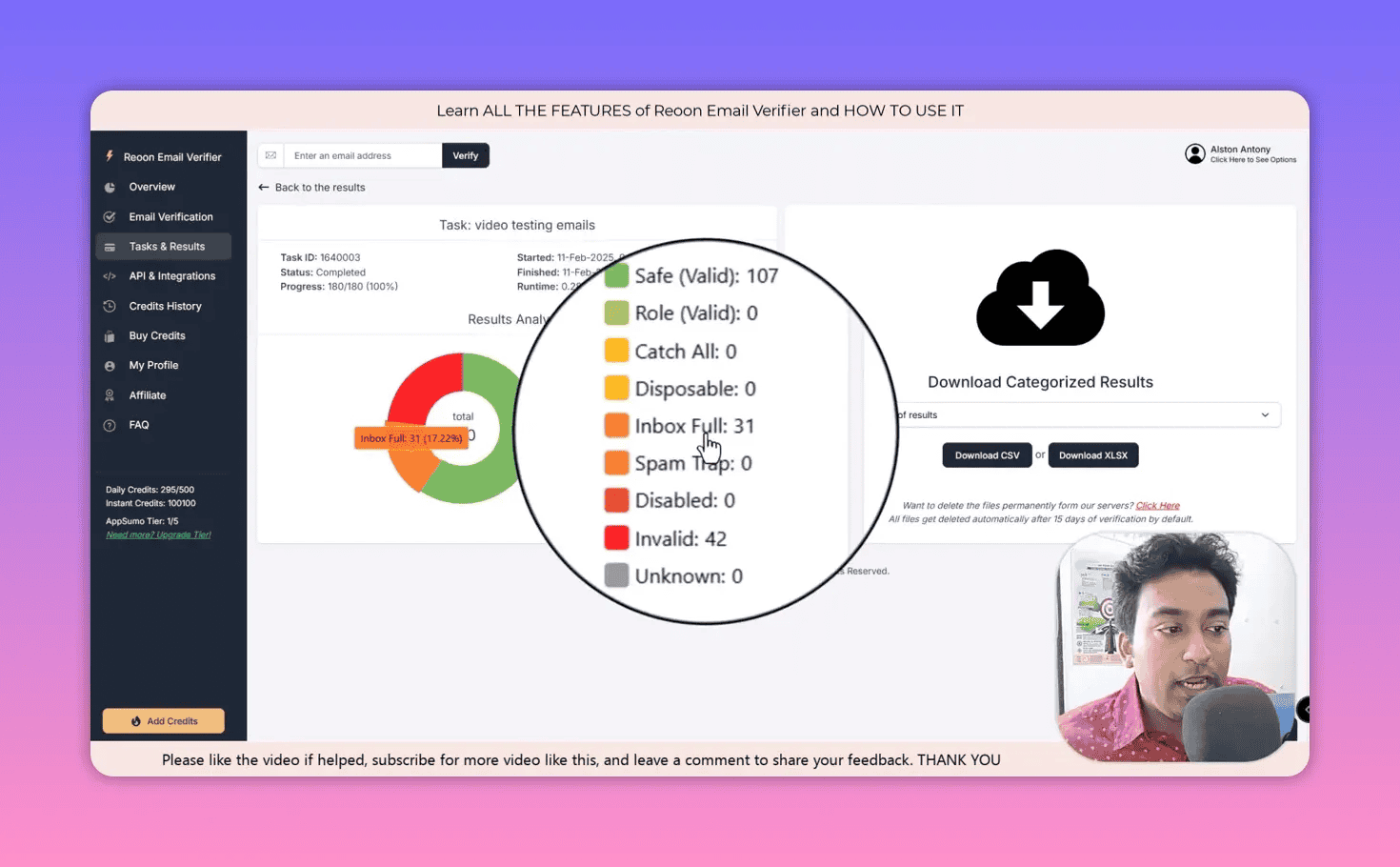 Task & Results panel with color-coded category counts and download options
