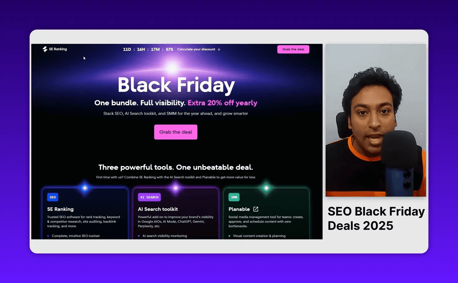 SE Ranking Black Friday hero section with bold headline 'Black Friday', 'Extra 20% off yearly' callout, and three product boxes visible; presenter shown at right.