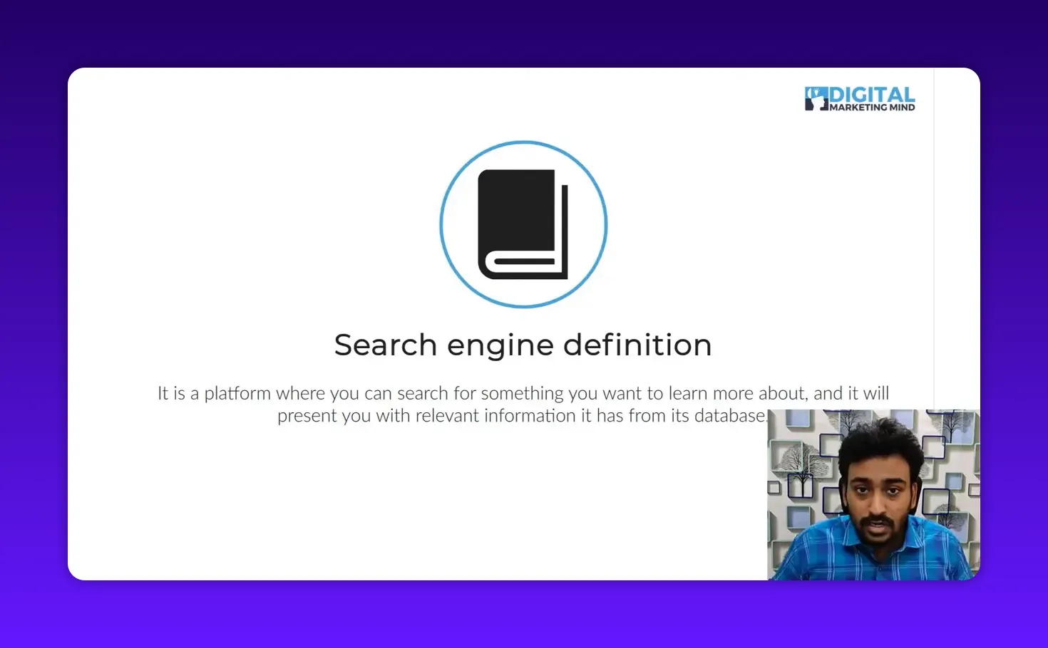 Clear slide titled 'Search engine definition' with book icon and readable explanatory text