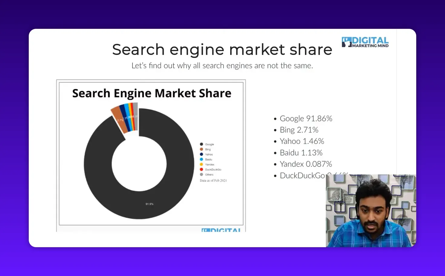 Clear slide titled 'Search engine market share' with a donut chart showing Google ~91.9% and a small presenter window in the lower-right (minimal obstruction of the slide).