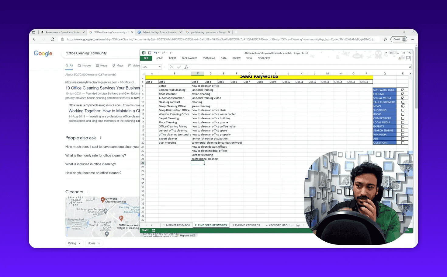 Seed keywords Excel sheet and Google results with the presenter speaking in a rounded webcam overlay in the lower-right