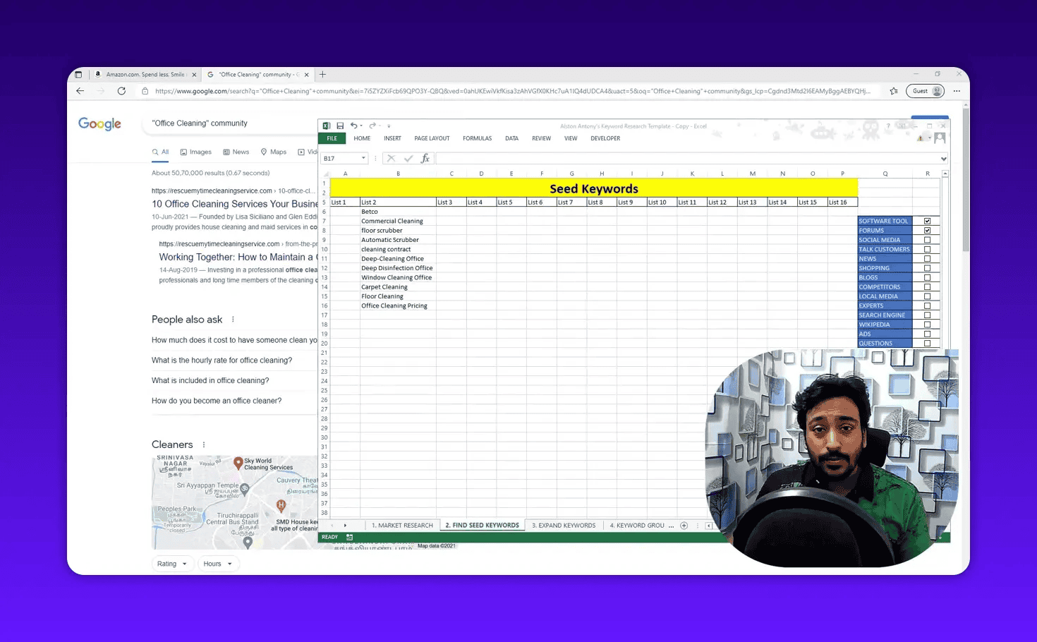 Excel 'Seed Keywords' spreadsheet open with entries like 'Carpet Cleaning' and a source checklist (including 'SOCIAL MEDIA'), presenter webcam inset