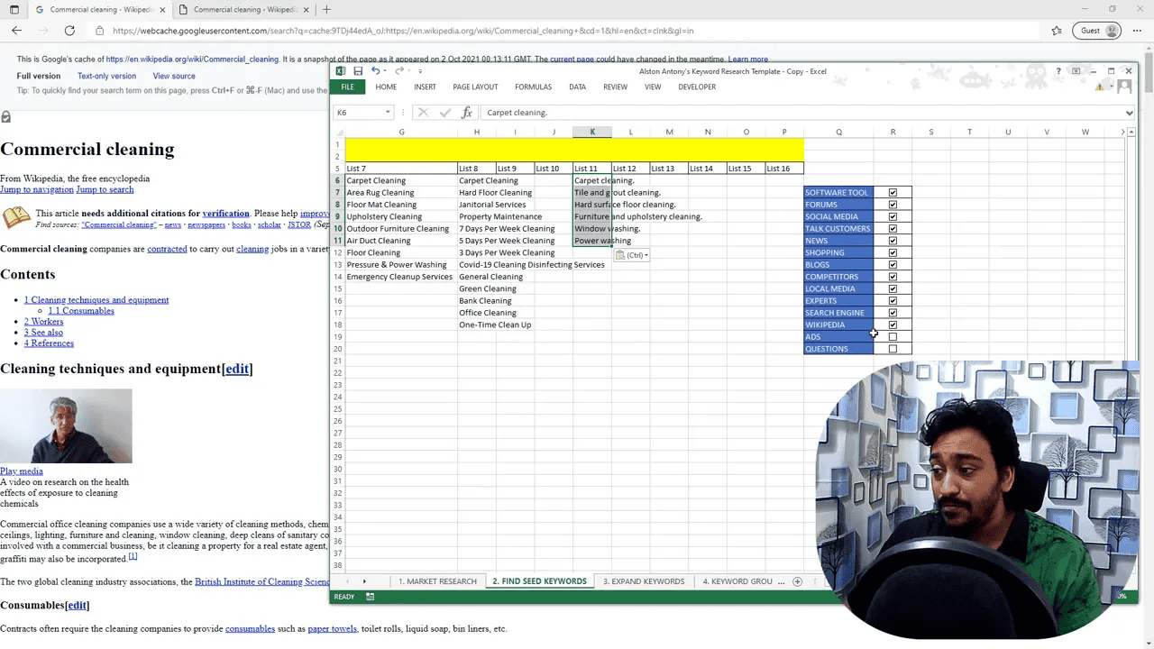 Keyword research spreadsheet and a cached Wikipedia page with a source checklist that includes 'ADS', plus presenter inset