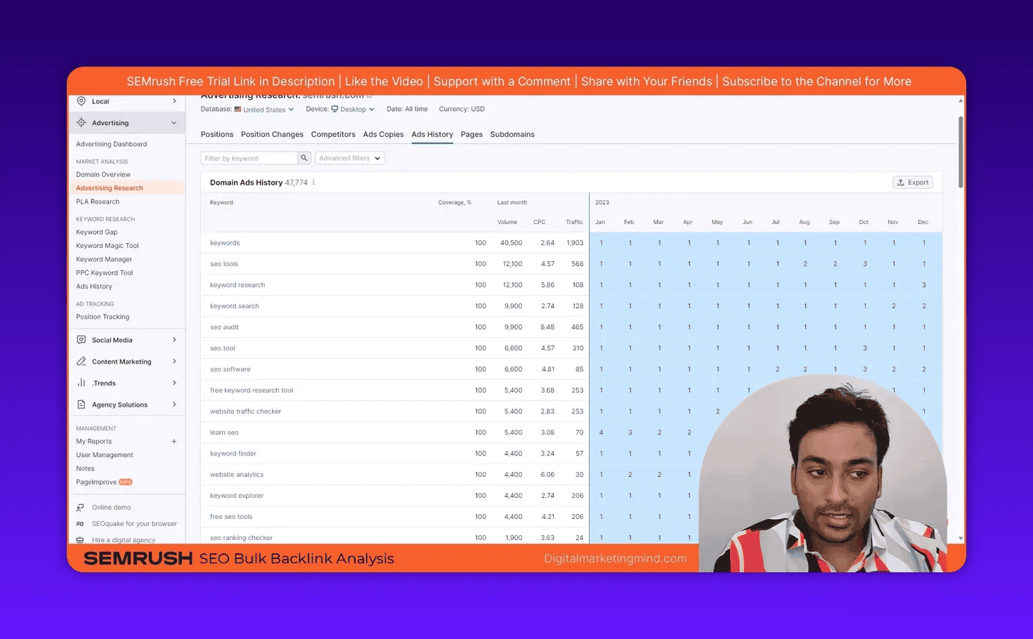 SEMrush Ads History calendar-style view showing month-by-month ad positions and coverage alongside the keyword table, minimal presenter inset.