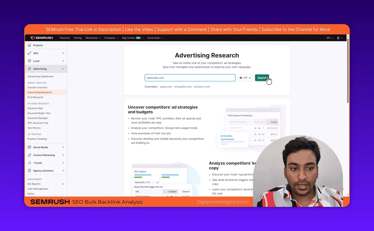 SEMrush Advertising Research page showing 'semrush.com' entered in the search box and the Search button being clicked, presenter inset.