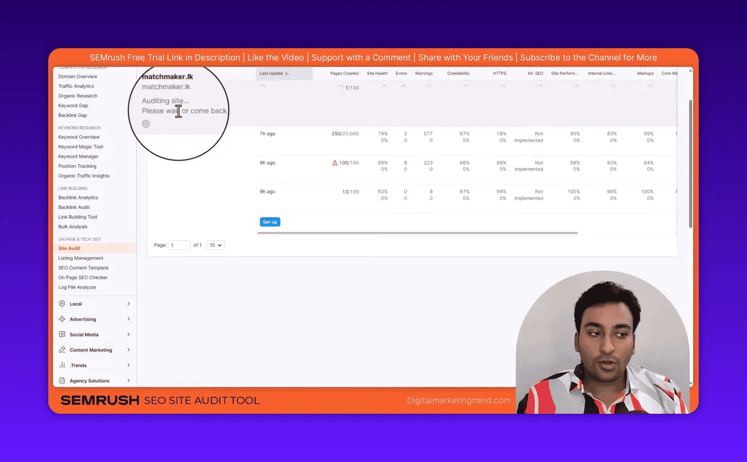 SEMrush Site Audit screen with magnified text 'Auditing site... Please wait' indicating crawl in progress