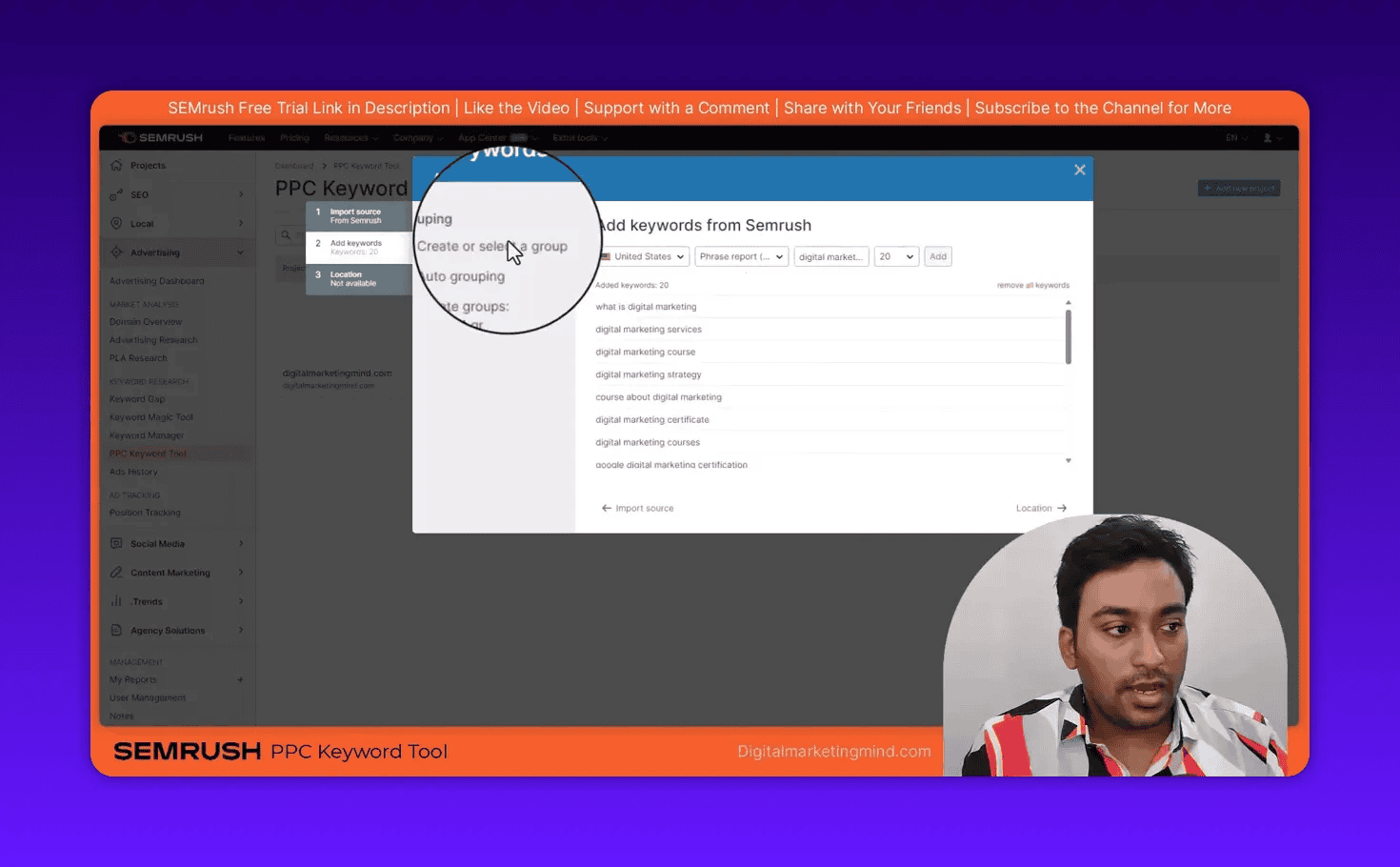 SEMrush PPC Keyword Tool showing the Add Keywords dialog with grouping options and auto-grouping highlighted