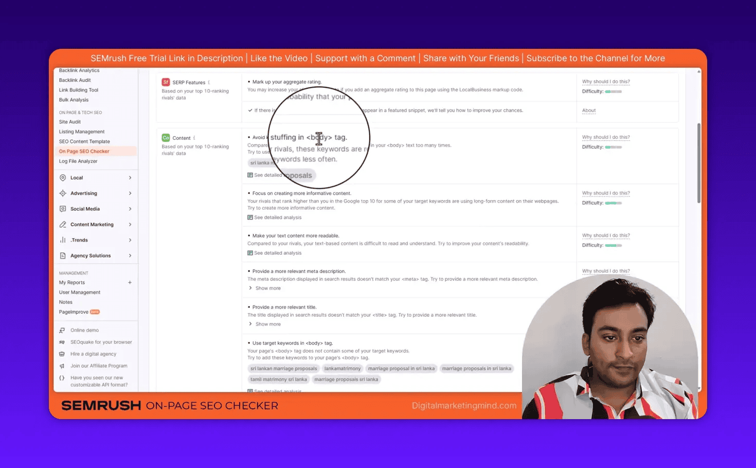 SEMrush On Page SEO Checker highlighting the suggestion 'Avoid stuffing in <body> tag' with magnifier over the message