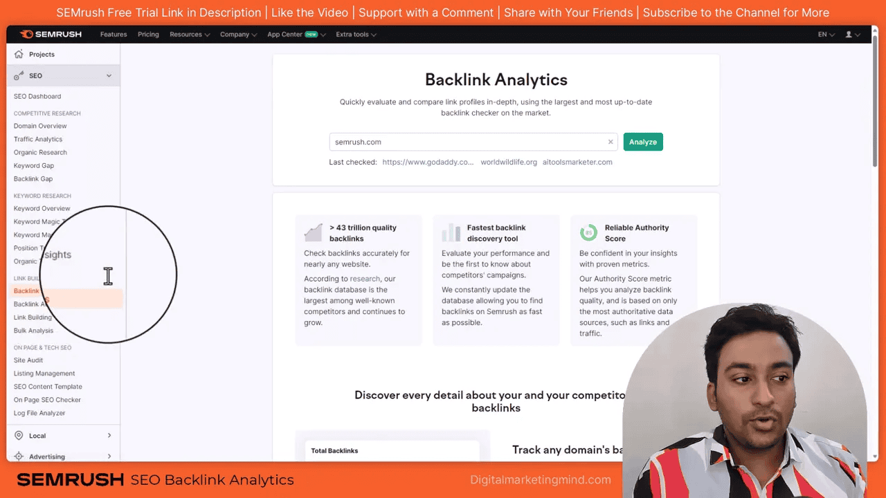 Semrush Backlink Analytics landing page with domain search box and overview header