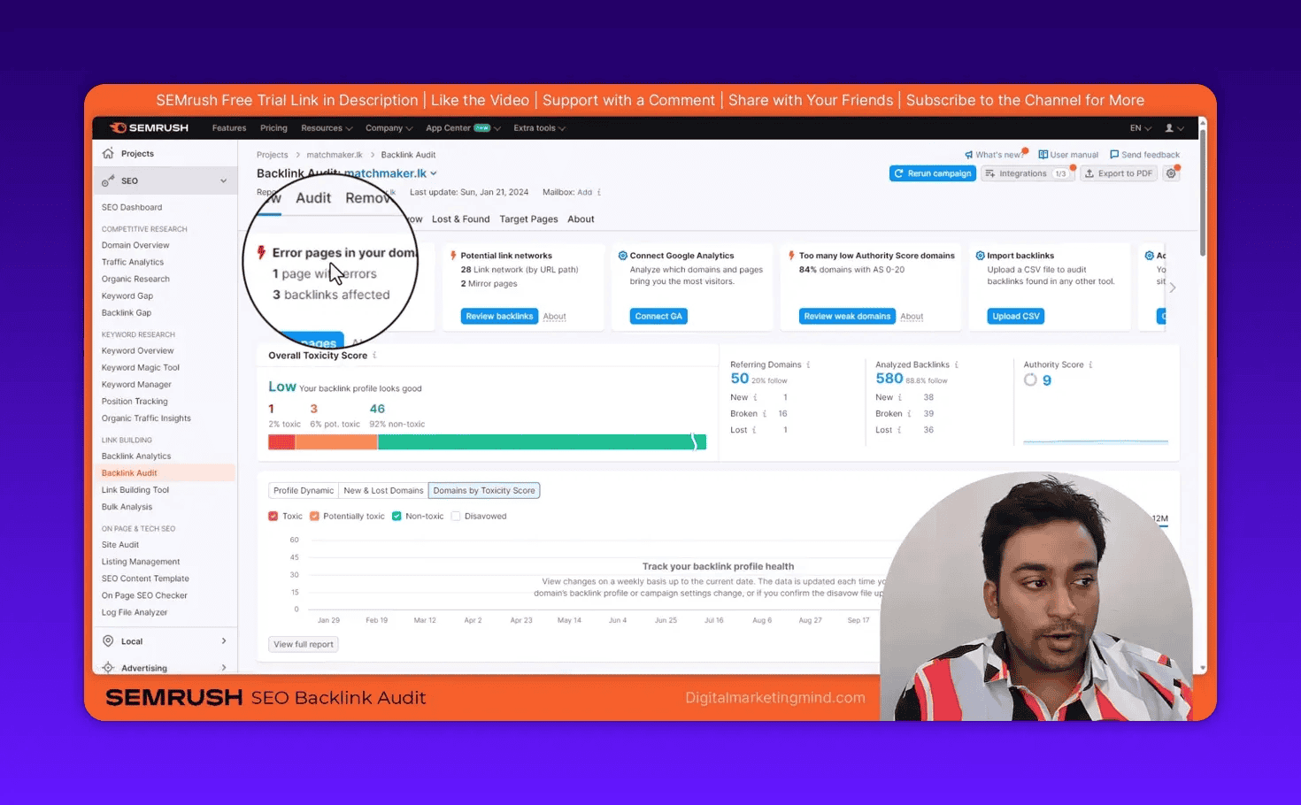 SEMrush Backlink Audit overview showing Overall Toxicity Score with magnified callout
