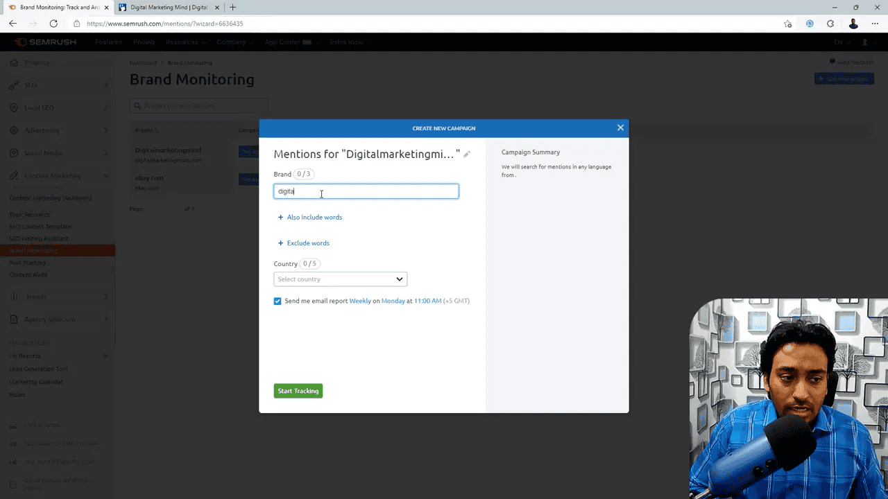 Semrush Brand Monitoring create campaign modal showing brand input, include/exclude options, country selector and Start Tracking button with presenter overlay