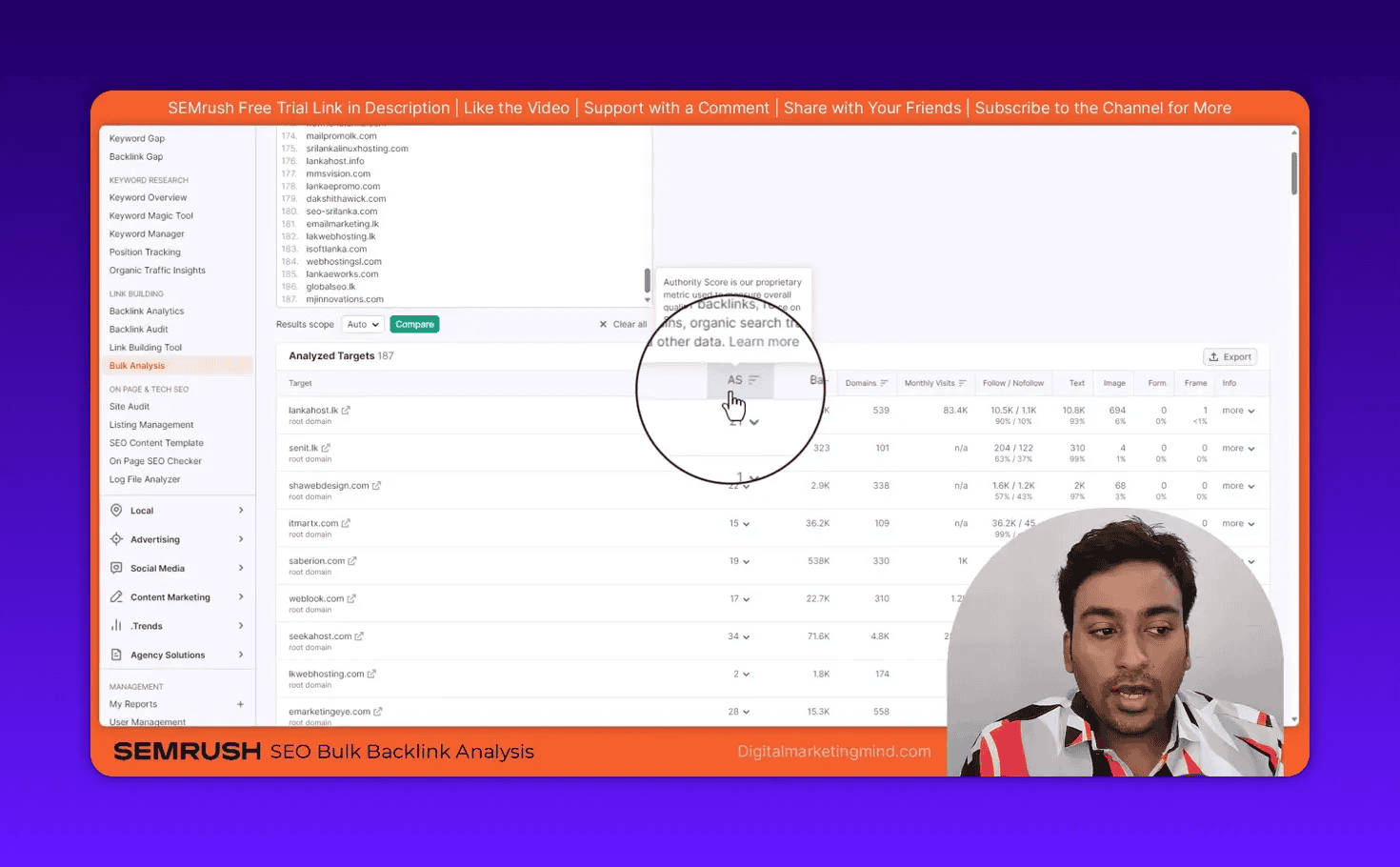 Semrush bulk backlink analysis table highlighting Authority Score with backlinks, domains, and monthly visits columns visible