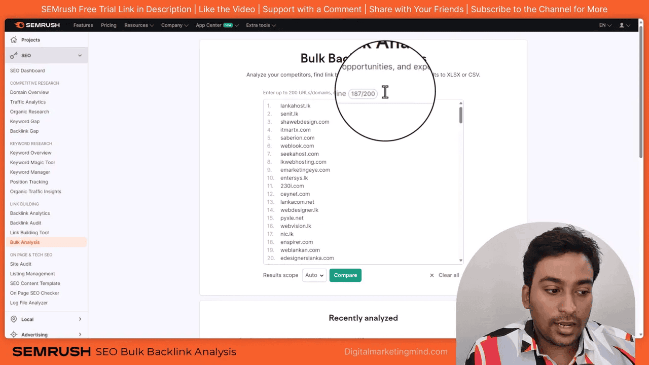 Semrush bulk backlink analysis input box with a list of domains and counter showing 187 of 200