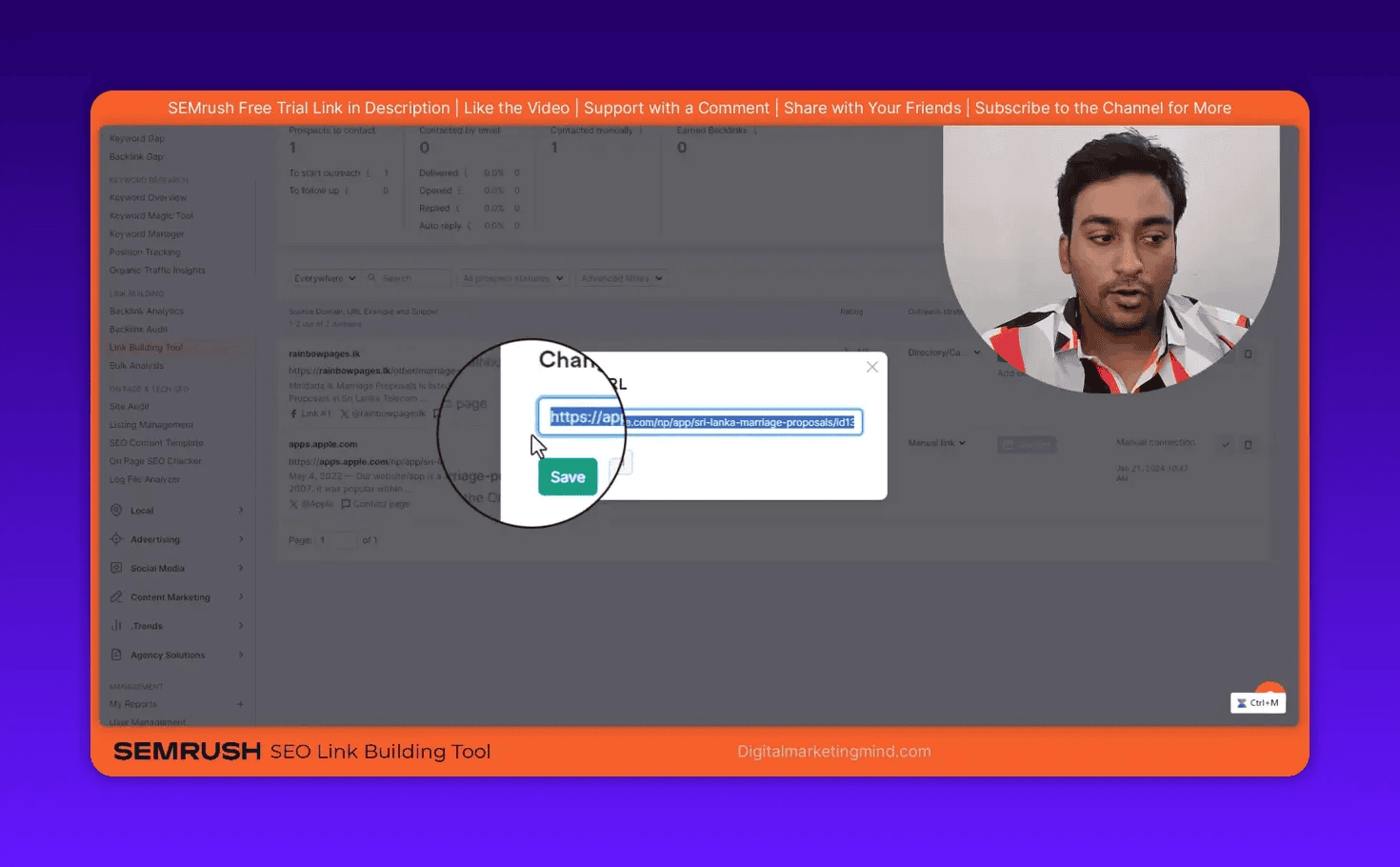 Clear SEMrush Change URL dialog with the referring URL selected and the green Save button visible, presenter inset in the corner