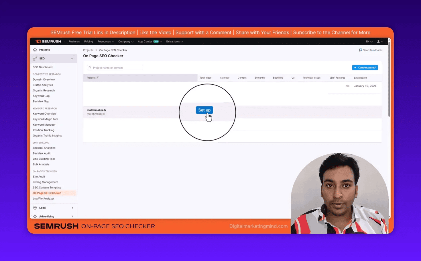 SEMrush On Page SEO Checker interface with magnified 'Set up' button ready to click