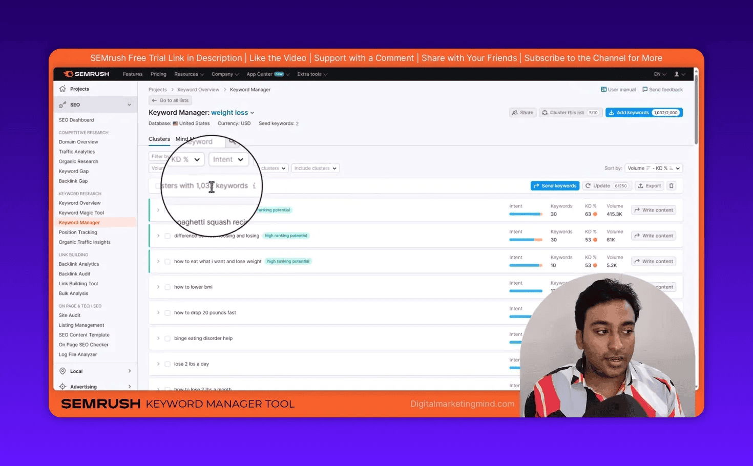 SEMrush Keyword Manager showing the cluster summary ('clusters with 1,032 keywords') magnified, with the tool's cluster list visible and presenter inset