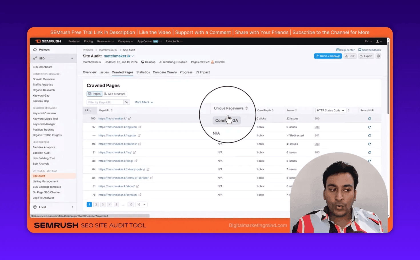 SEMrush Crawled Pages table with magnified 'Unique Pageviews' header and 'Connect GA' prompt