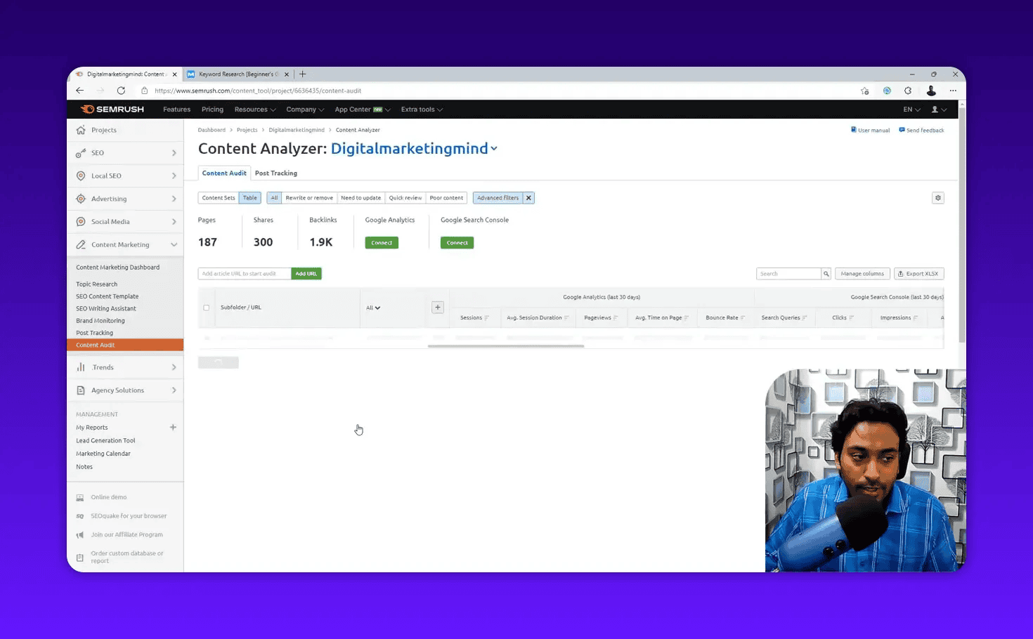 Semrush Content Analyzer dashboard for Digitalmarketingmind showing content counts, shares, backlinks and filters with presenter overlay