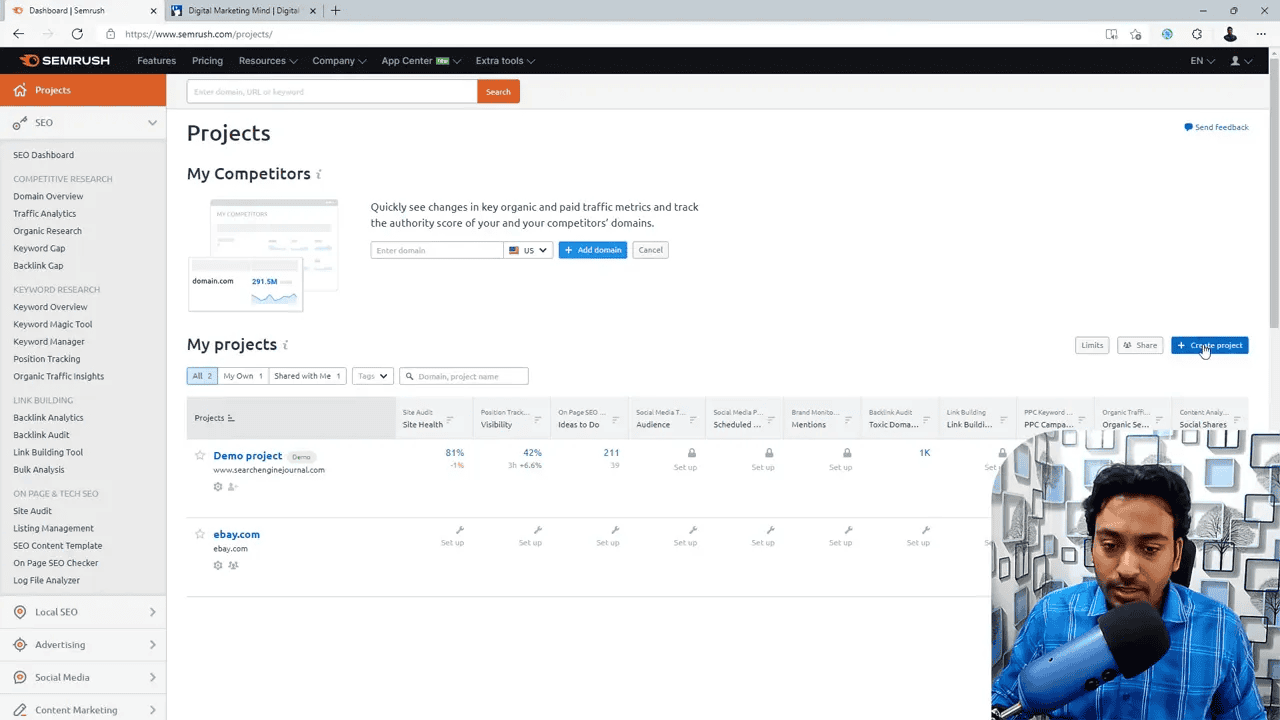 Semrush Projects dashboard showing project list and the Create project button; small presenter video overlay in the corner.