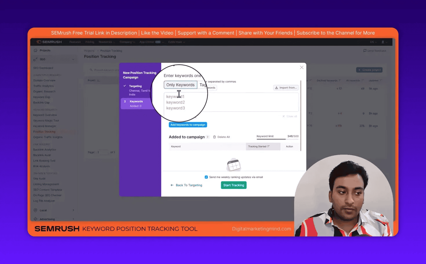 SEMrush Keywords input with 'Only Keywords' tab selected and sample keywords visible in the list with magnified cursor.