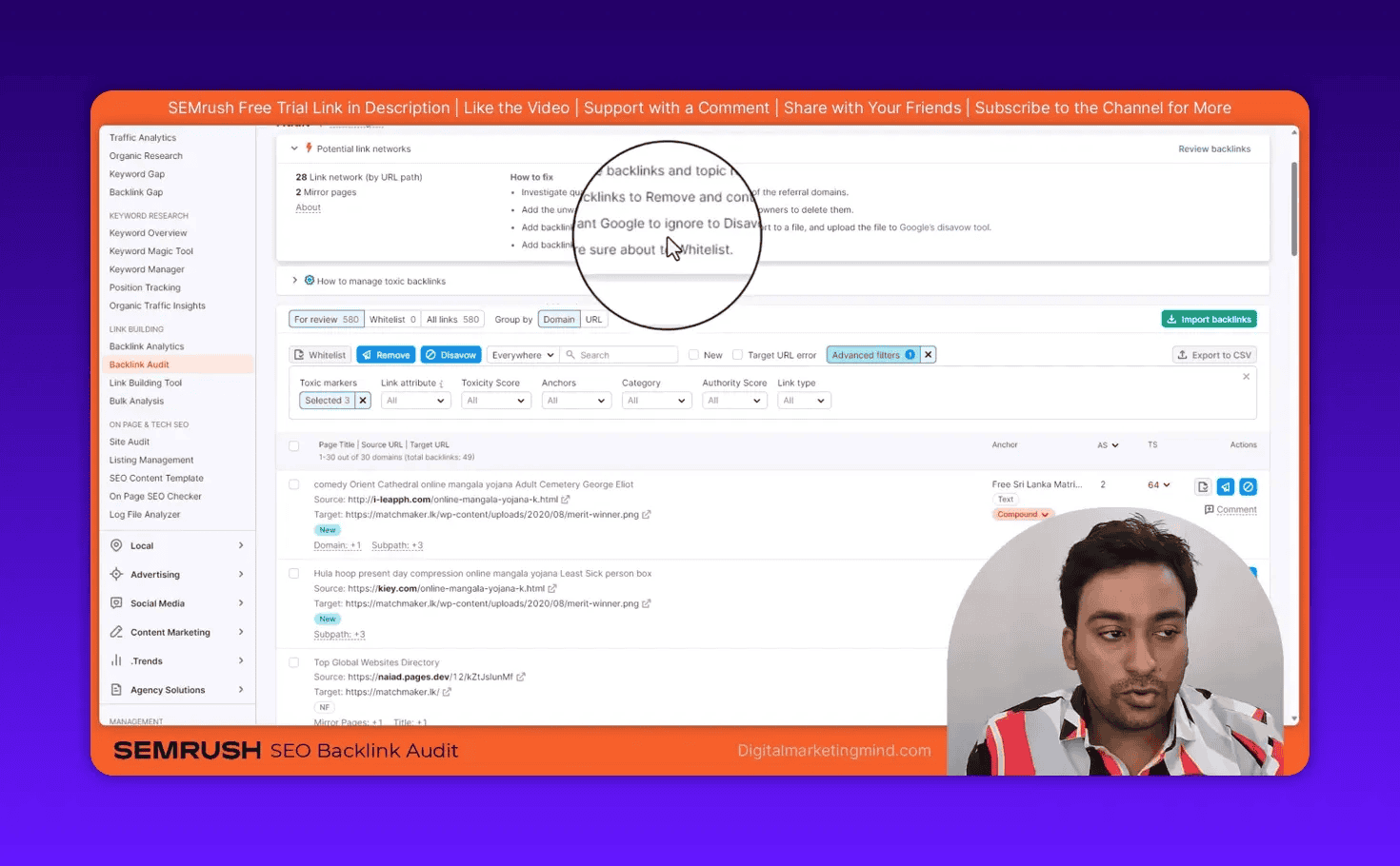 SEMrush Backlink Audit screenshot highlighting the Disavow/export area for generating a disavow file
