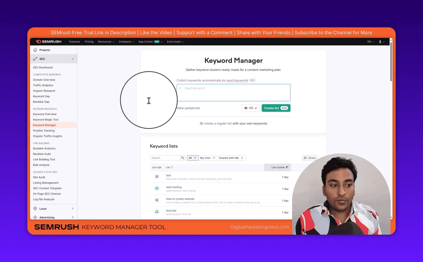 SEMrush Keyword Manager interface with seed keyword input box, country selector and green Create list button, left menu highlighted