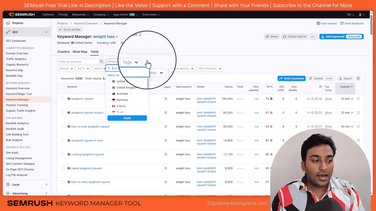 SEMrush Keyword Manager table view showing keyword clusters, tags dropdown, volume and KD% columns with presenter inset