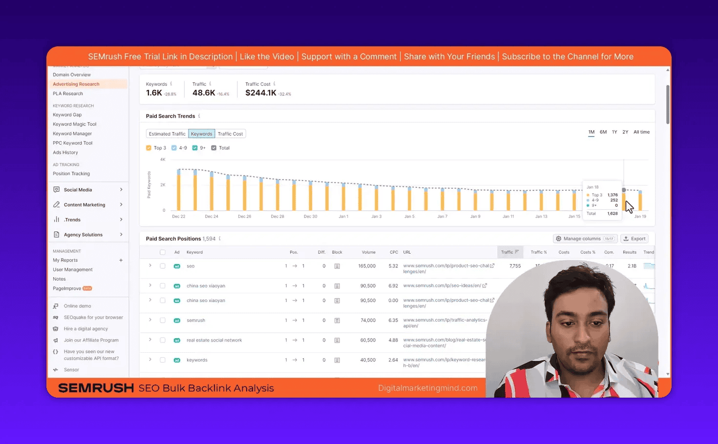 SEMrush Advertising Research keywords view showing paid search trends bar chart with tooltip and the paid search positions table, presenter inset visible